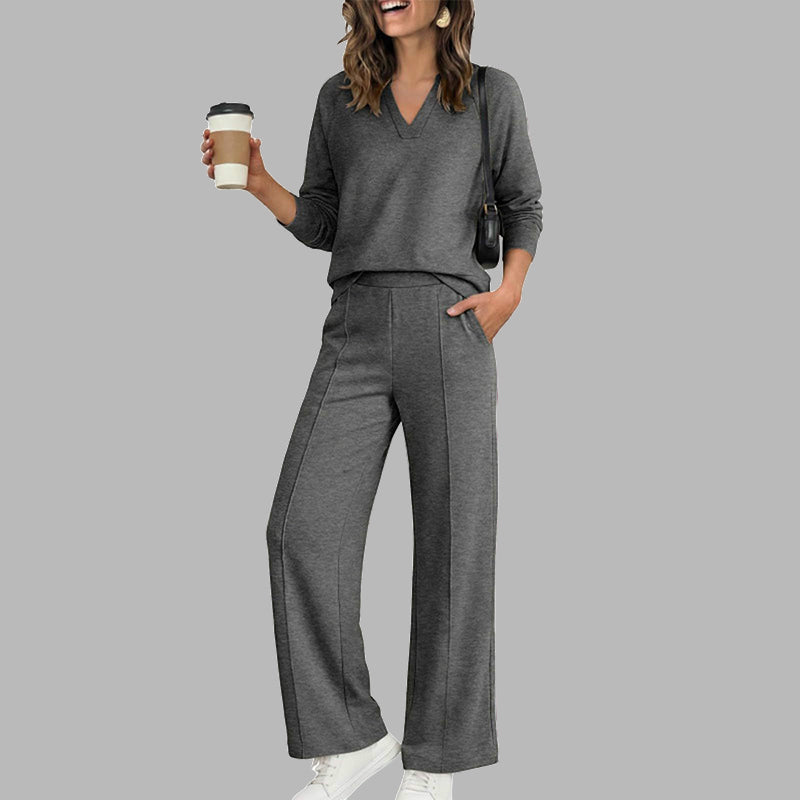 Women's Casual V-Neck Top & Wide-Leg Pants - Dark Gray