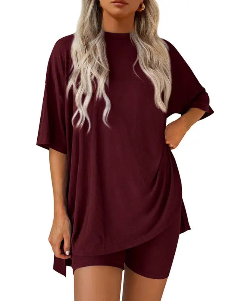 Women's casual oversized 2-piece lounge set in Wine Red