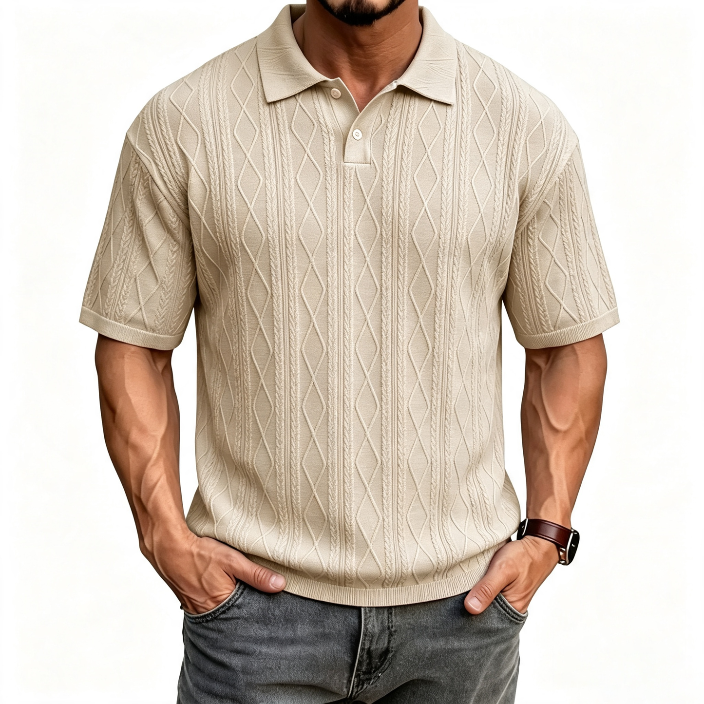 Khaki men's lightweight relaxed-fit polo shirt