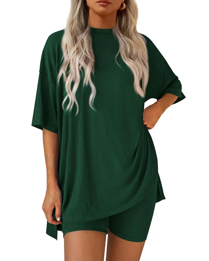 Women's casual oversized 2-piece lounge set in Dark green