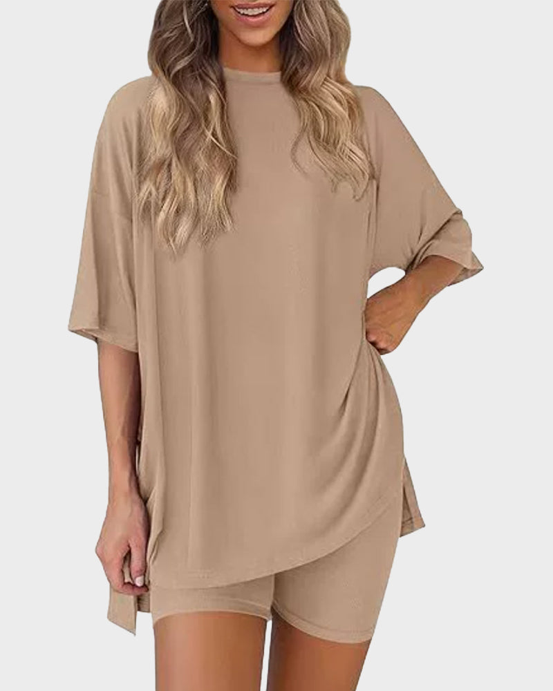 Women's casual oversized 2-piece lounge set in Khaki