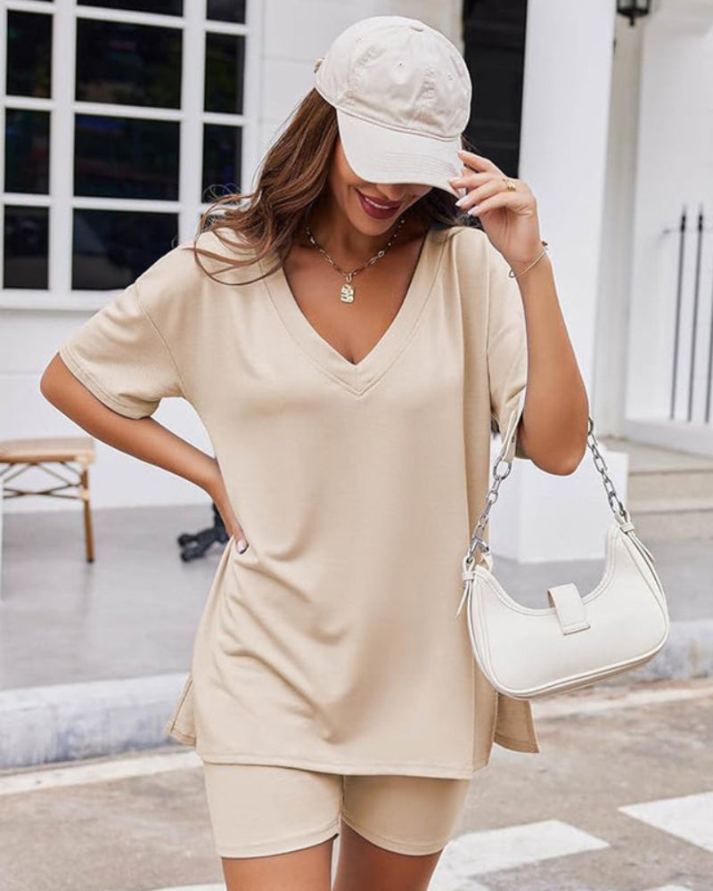 Women's casual oversized 2-piece lounge set in V Khaki