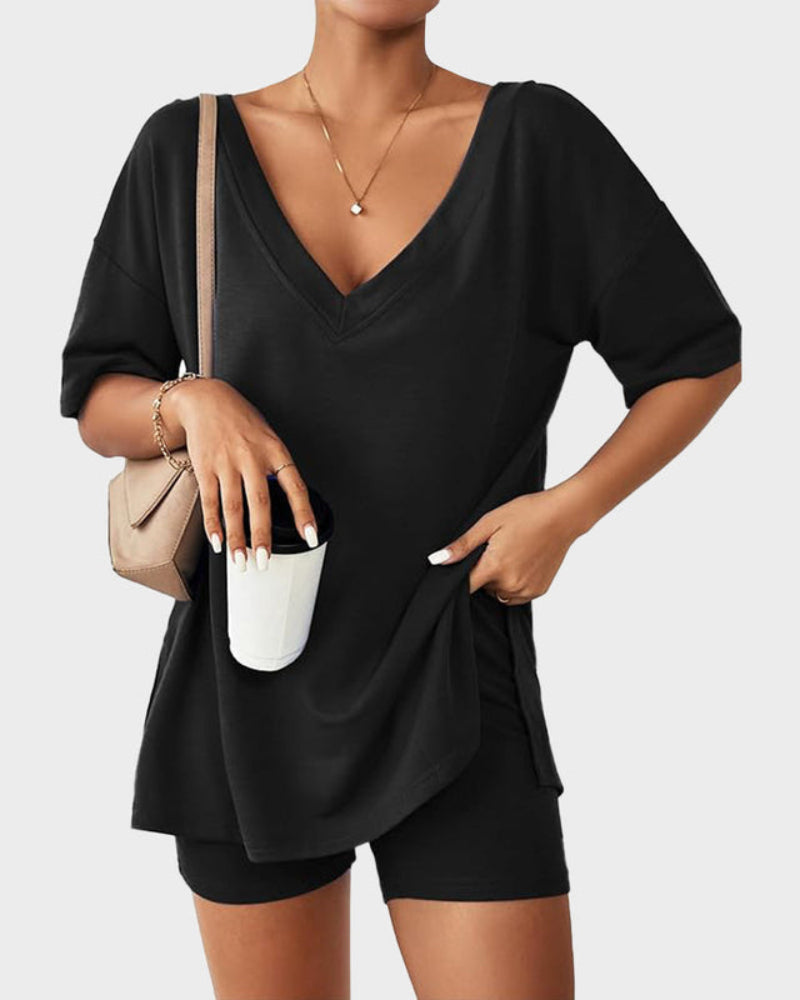 Women's casual oversized 2-piece lounge set in V Black