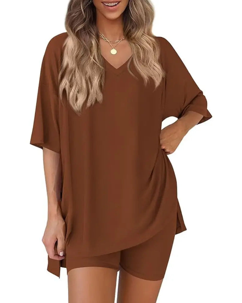 Women's casual oversized 2-piece lounge set in V Brown