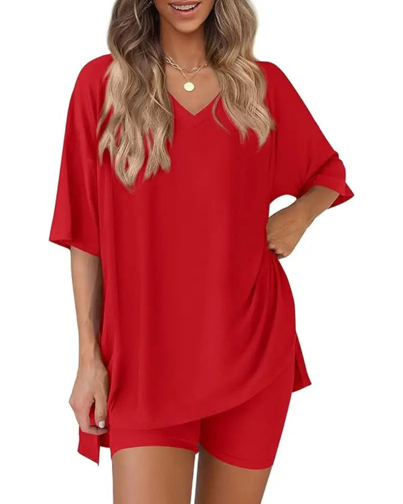 Women's casual oversized 2-piece lounge set in V Red