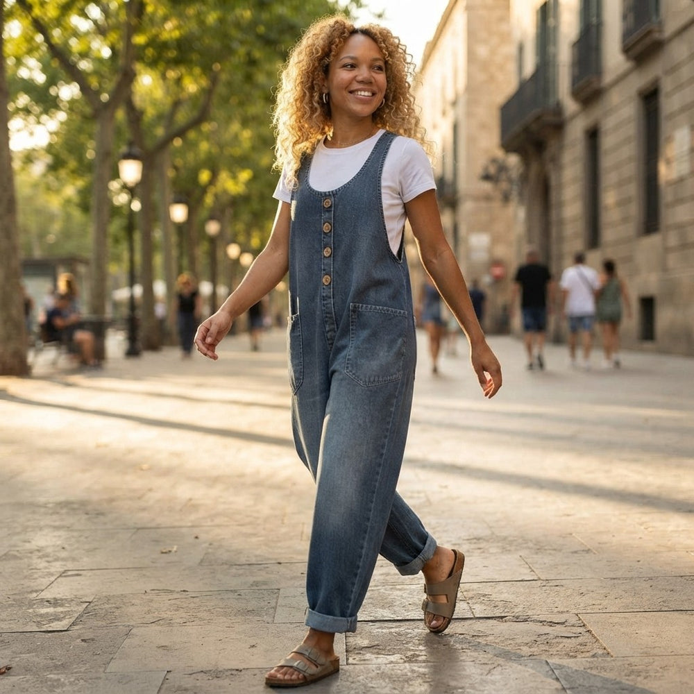 Vintage Soft Cotton Denim-Look Overalls