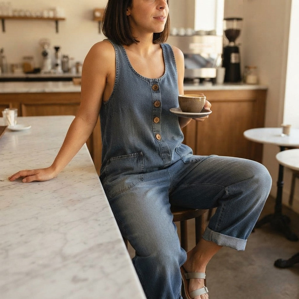 Vintage Soft Cotton Denim-Look Overalls