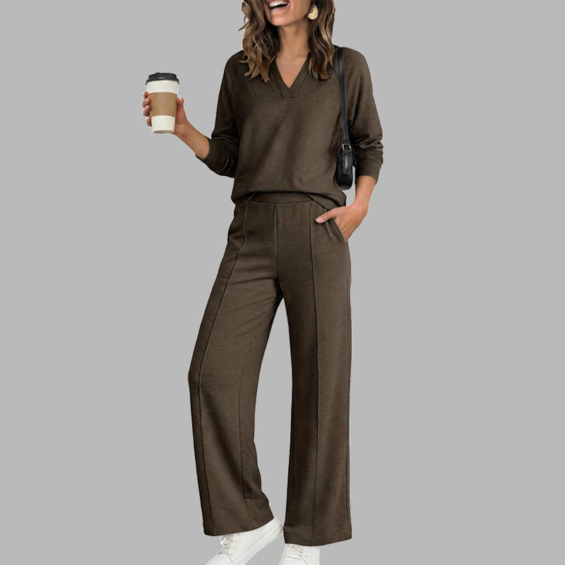 Women's Casual V-Neck Top & Wide-Leg Pants - Coffee