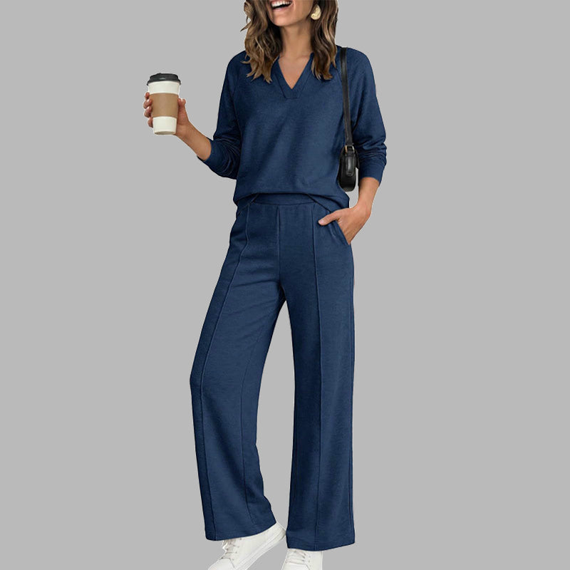Women's Casual V-Neck Top & Wide-Leg Pants - Navy Blue