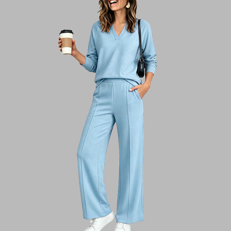 Women's Casual V-Neck Top & Wide-Leg Pants - Sky Blue