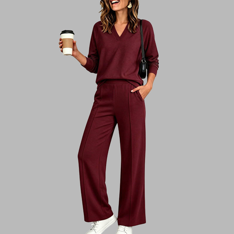 Women's Casual V-Neck Top & Wide-Leg Pants - Burgundy