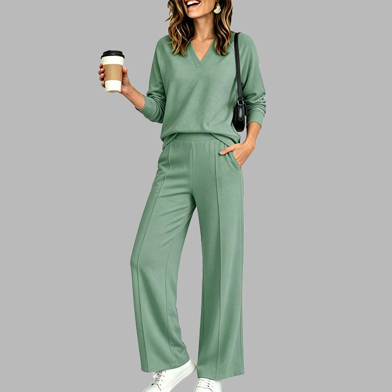 Women's Casual V-Neck Top & Wide-Leg Pants - Light Green