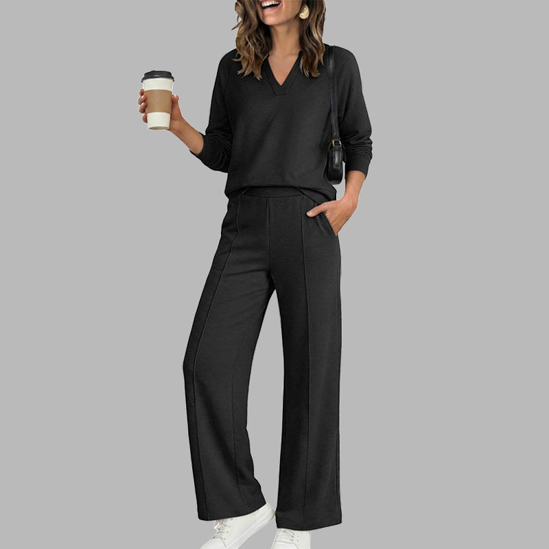 Women's Casual V-Neck Top & Wide-Leg Pants - Black