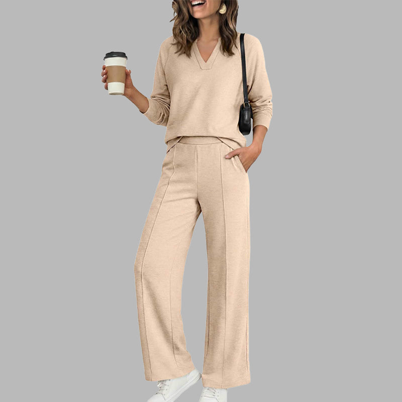 Women's Casual V-Neck Top & Wide-Leg Pants - Apricot