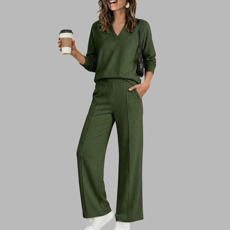 Women's Casual V-Neck Top & Wide-Leg Pants - Army Green
